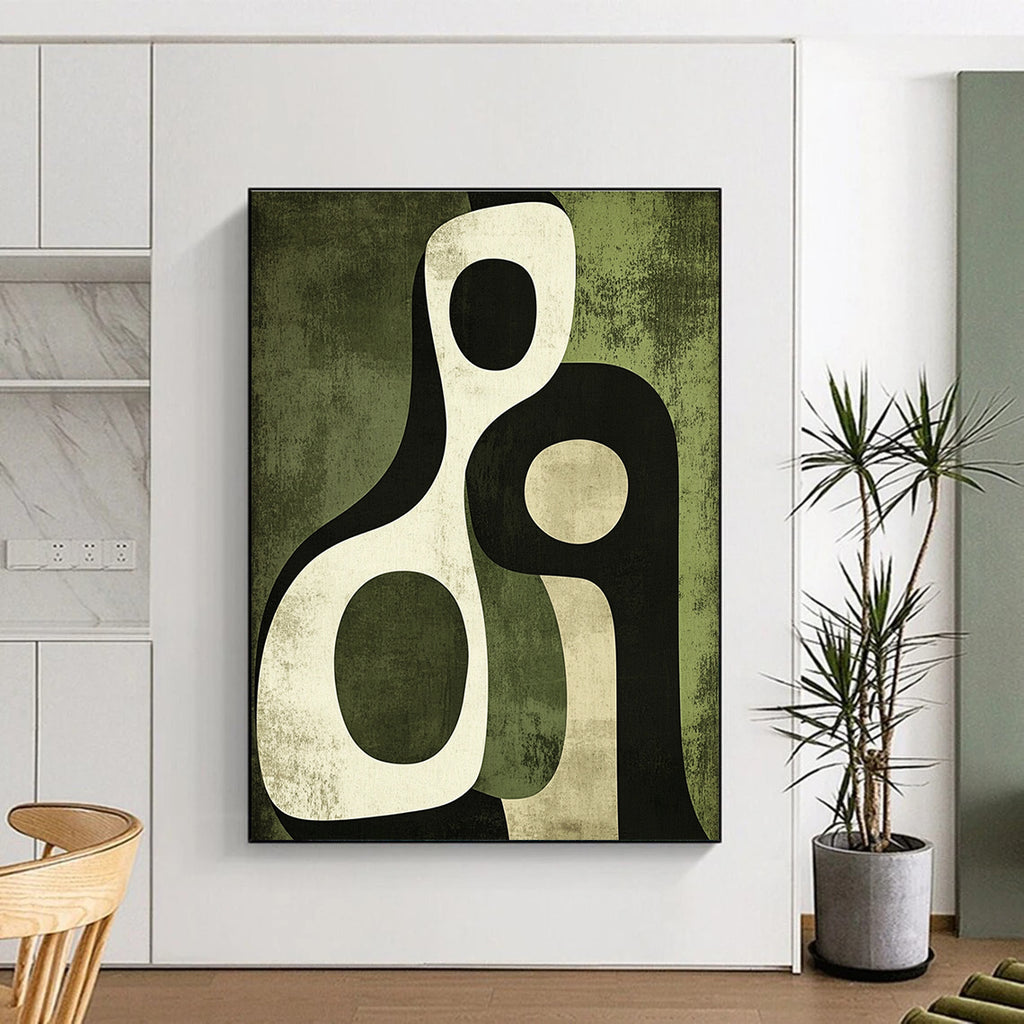 Abstract art piece featuring interlocking arches in olive green and black with soft edges and organic forms in warm and cool tones.STSC476
