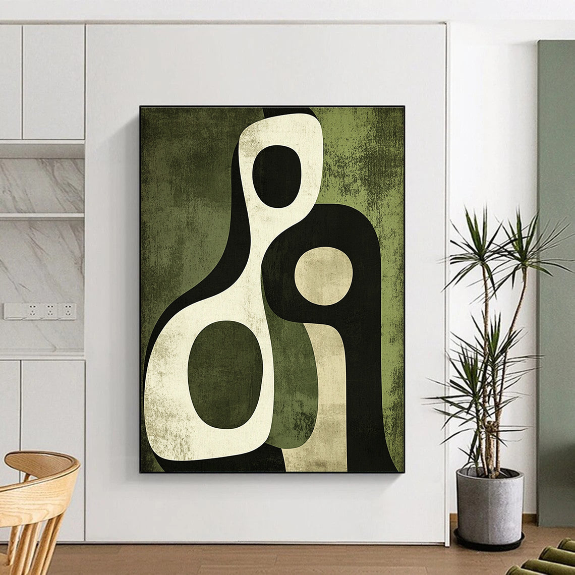 Abstract art piece featuring interlocking arches in olive green and black with soft edges and organic forms in warm and cool tones.STSC476