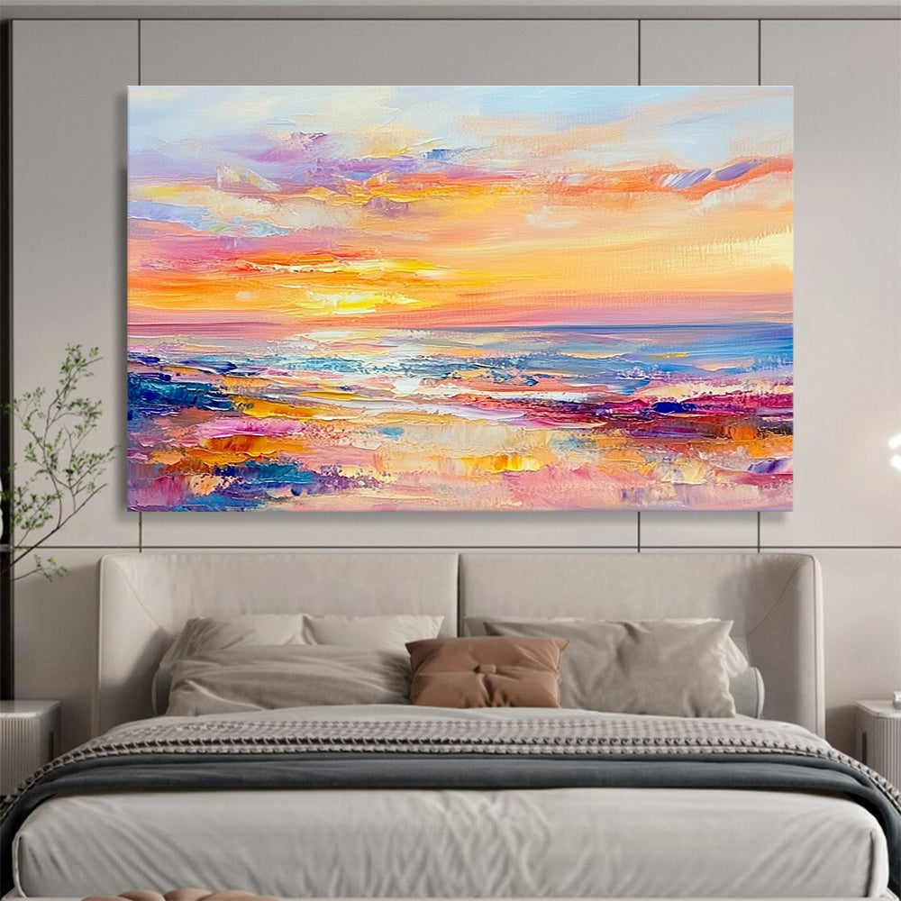 A large abstract painting of the sea at sunset in pastel colors with soft brushstrokes evokes calmness and tranquility.SC416