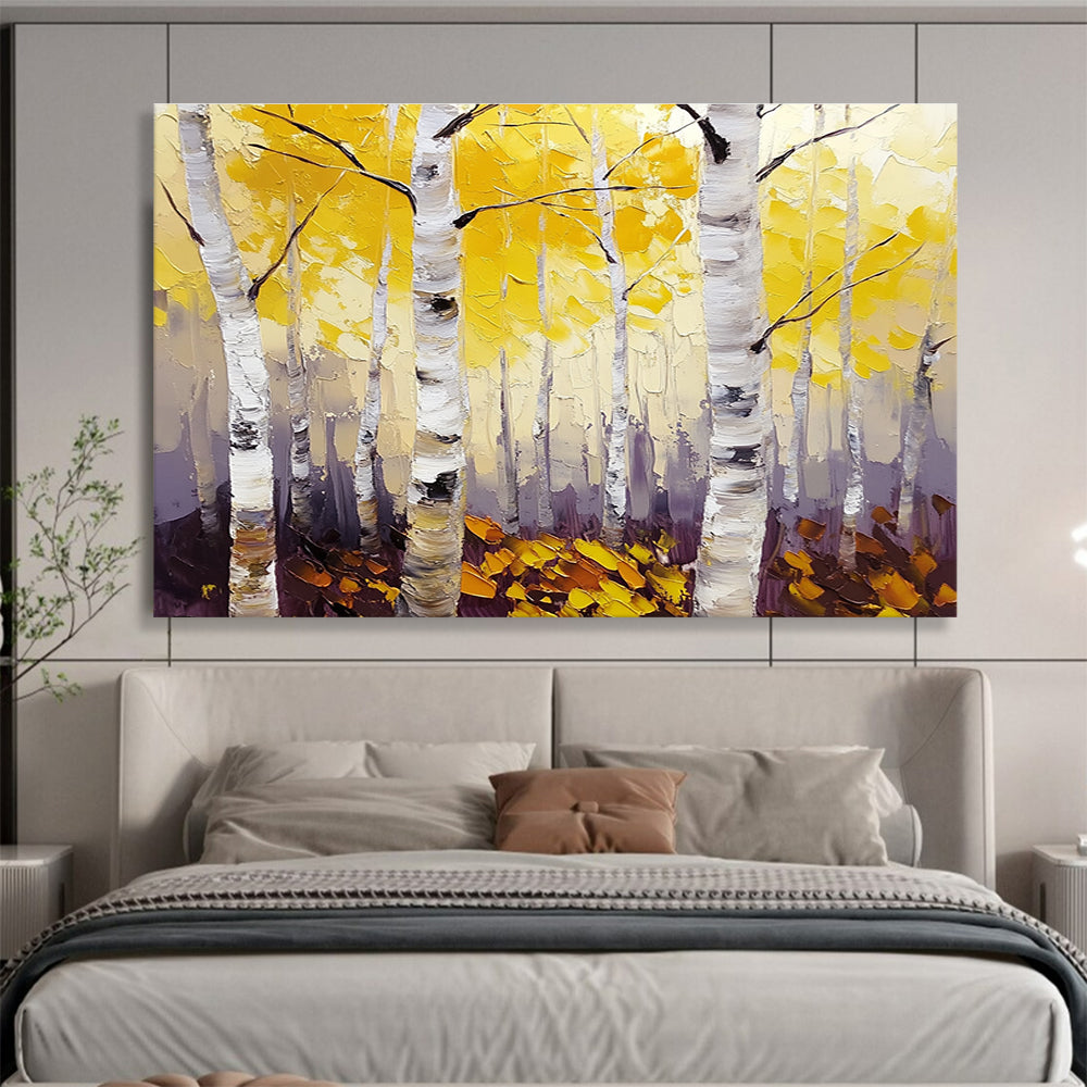 Large abstract painting of birch trees with vibrant yellow leaves featuring textured palette knife details and thick brush strokes on canvas.SC407