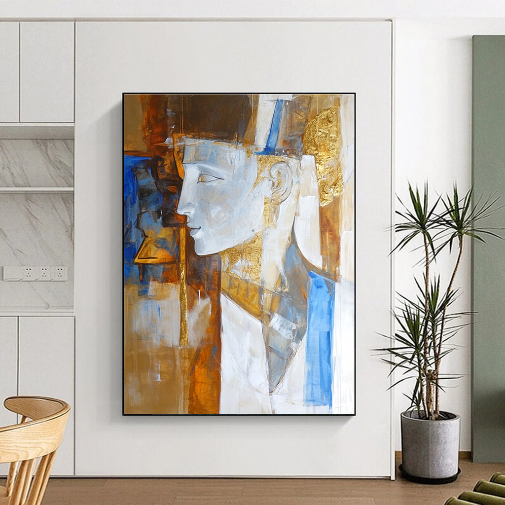 Large abstract painting featuring an ancient Greek sculpture in white brown and blue with elegant golden details.STSC633