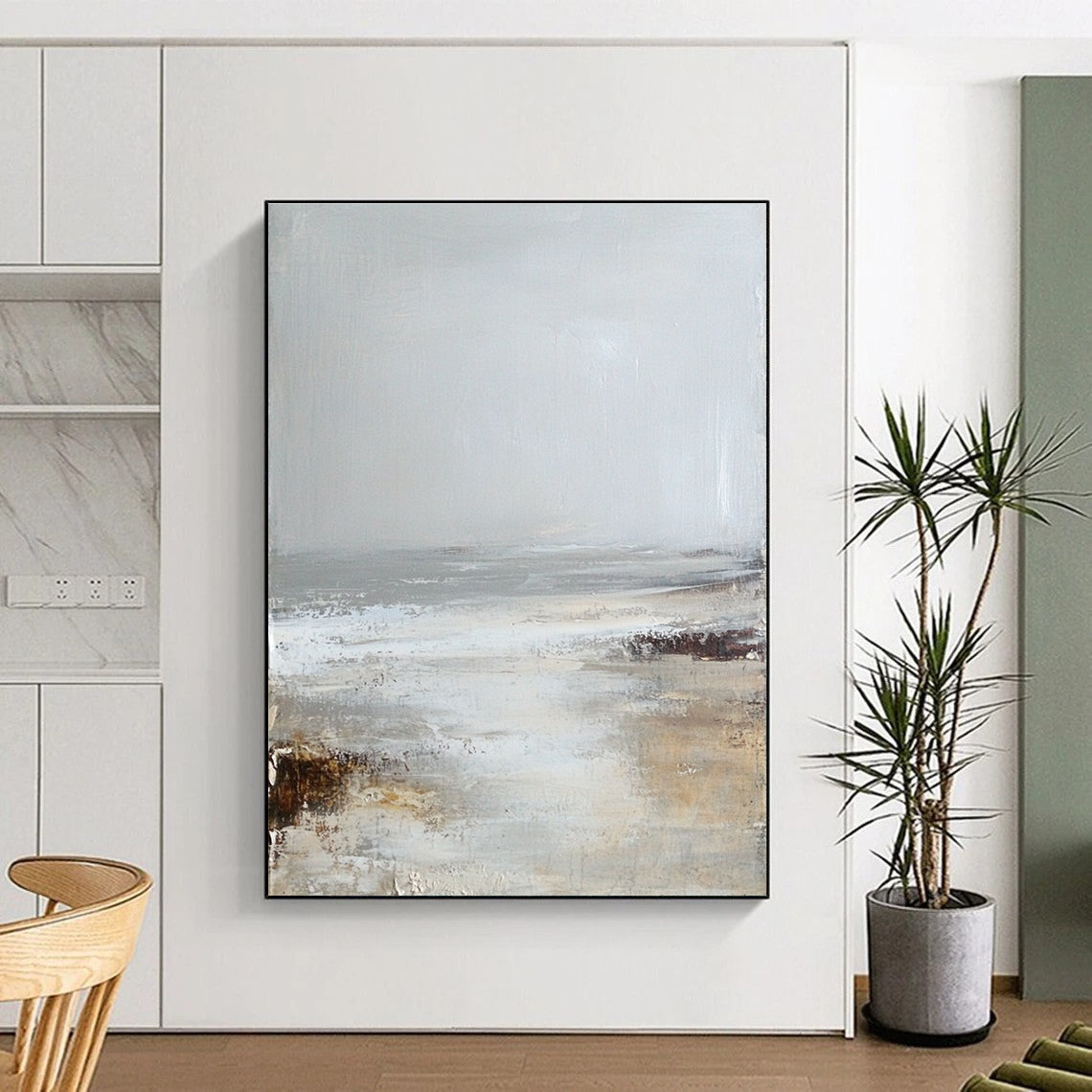 Large abstract painting in soft neutrals of white and gray evokes a calming misty beach atmosphere for serene spaces.STSC232