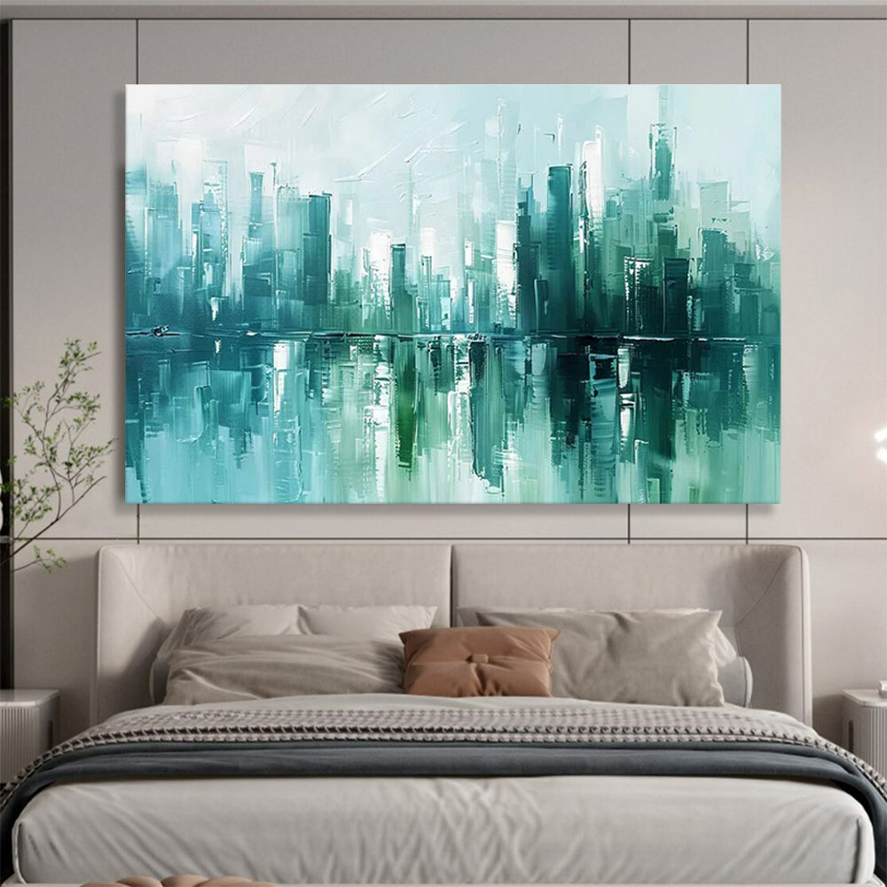 Cityscape Reflection Abstract Painting with Teal and Turquoise Hues THY275