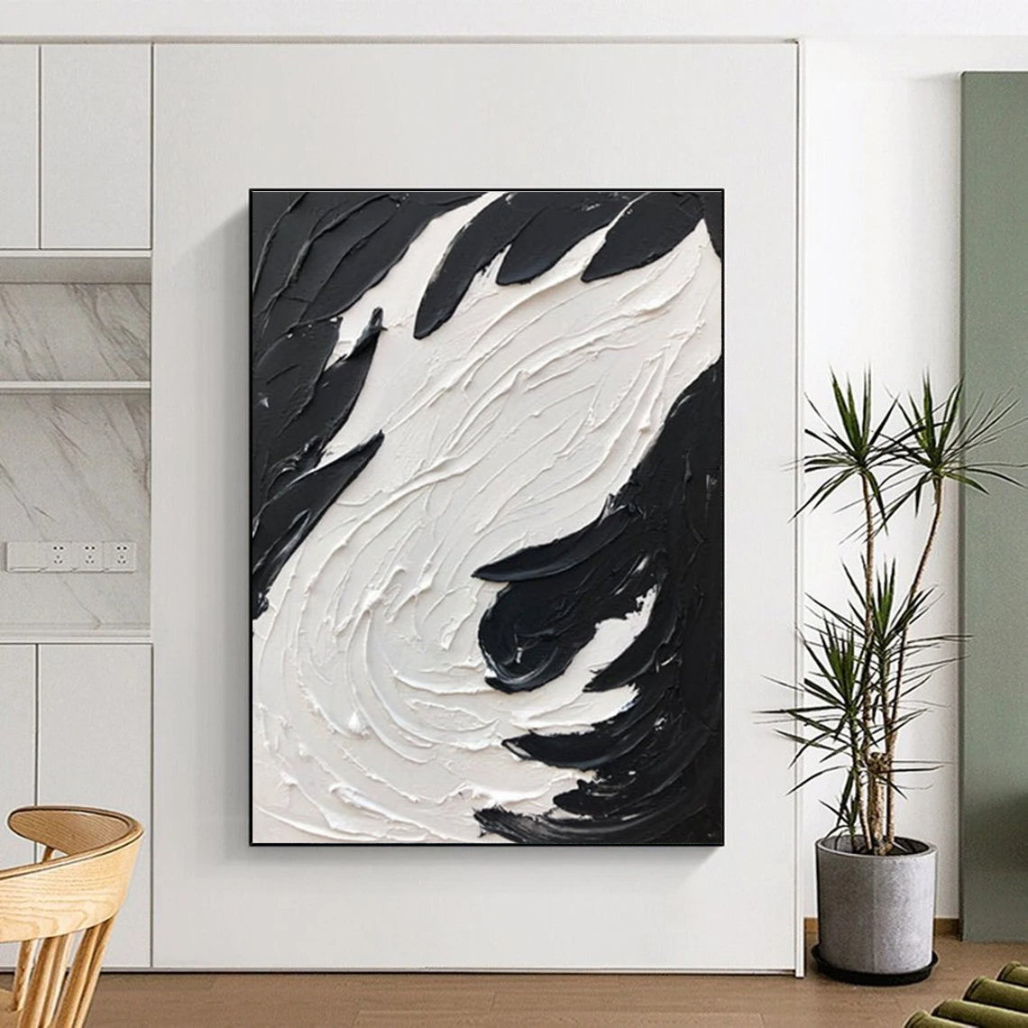 Black and White Bold Swirl - Textured Abstract Painting with Impactful Forms ADGE398