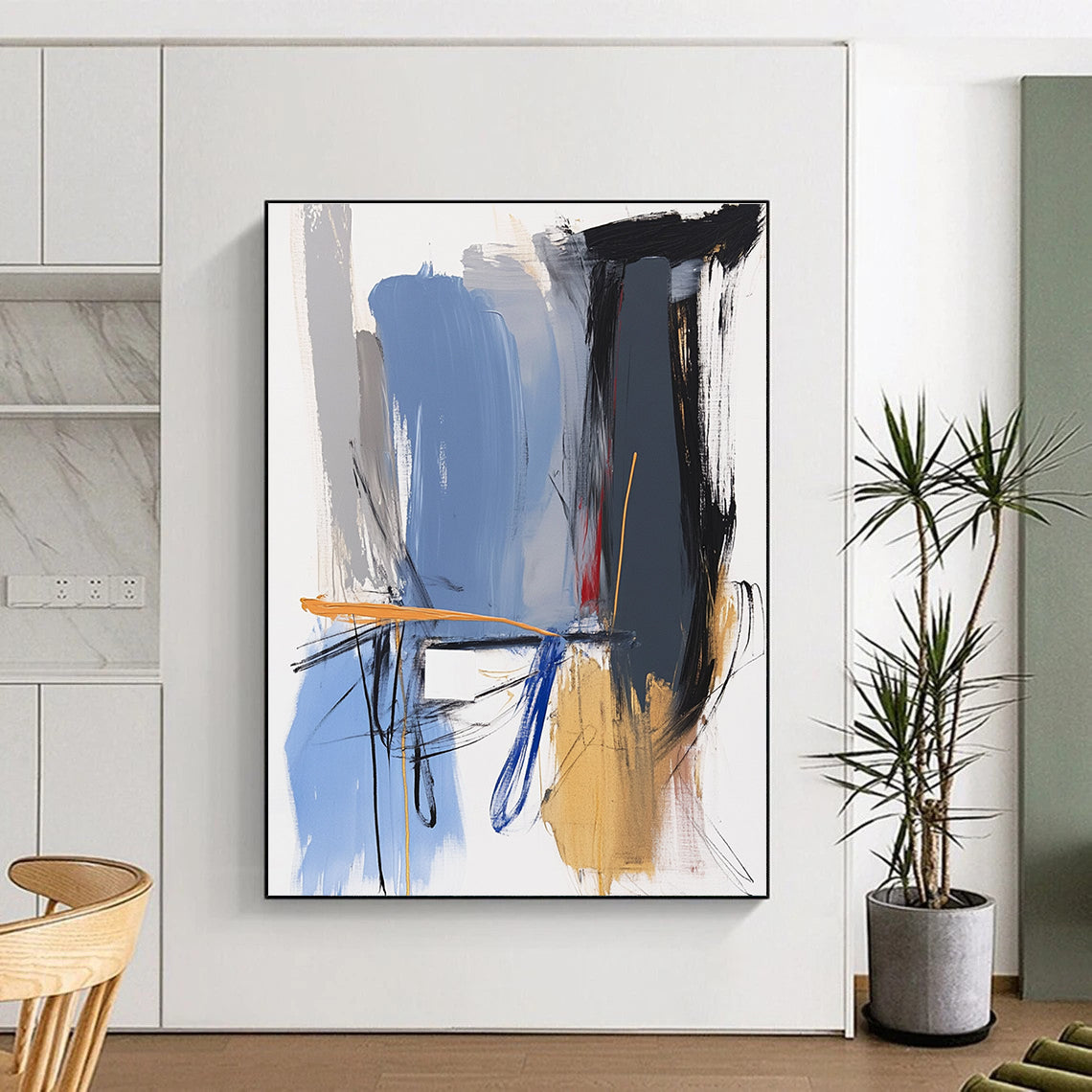 Abstract painting featuring blue grey and gold hues with a white square and expressive forms in impasto style.STSC743