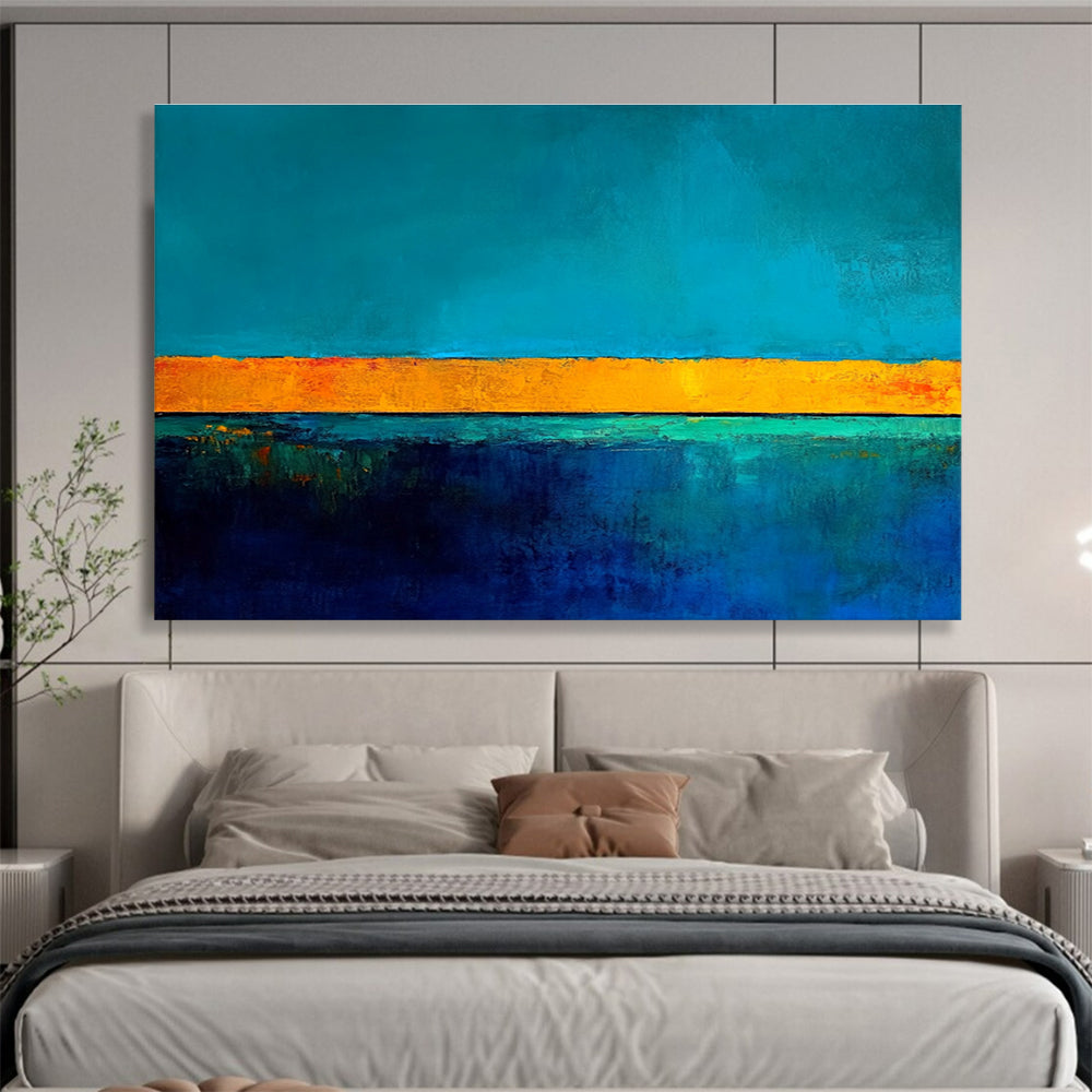 Large abstract painting featuring bold blue and yellow contrasts with a tranquil turquoise base and gold lines inspiring serenity and calmness.SC492