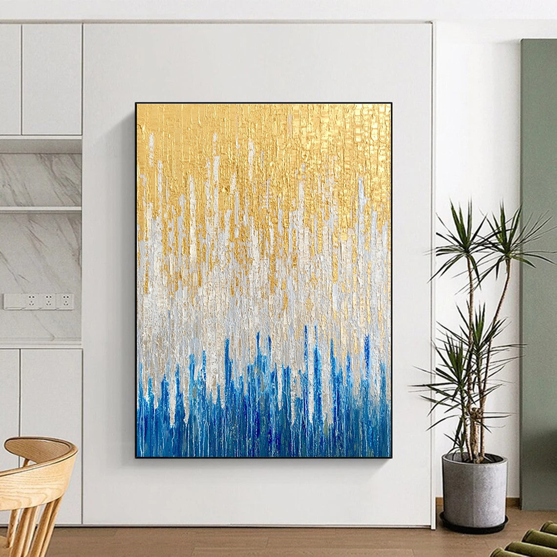 Large abstract oil painting featuring golden blue and white vertical lines against a textured neutral background.STSC163
