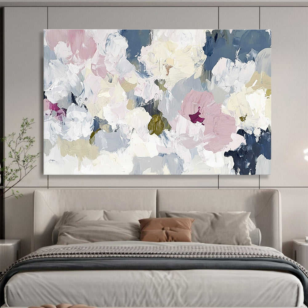 Large abstract floral painting in soft whites pinks and greens creating an elegant contemporary composition inspired by nature's beauty.SC049