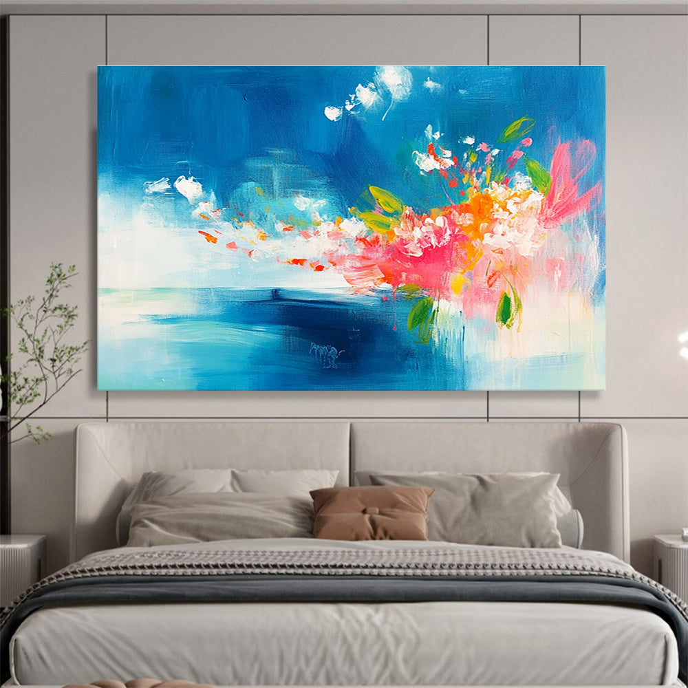 Blue and Pink Abstract Painting with Floral Burst DYP394