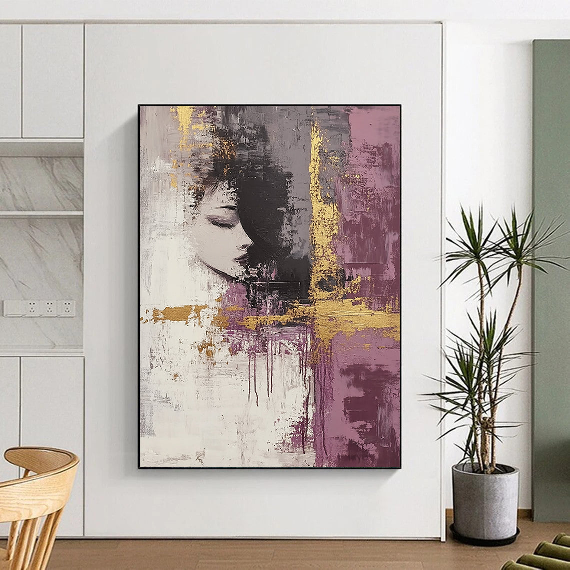 Large abstract art painting featuring dark gray and mauve tones accented with gold and neutral hues to enhance any modern space.STSC009
