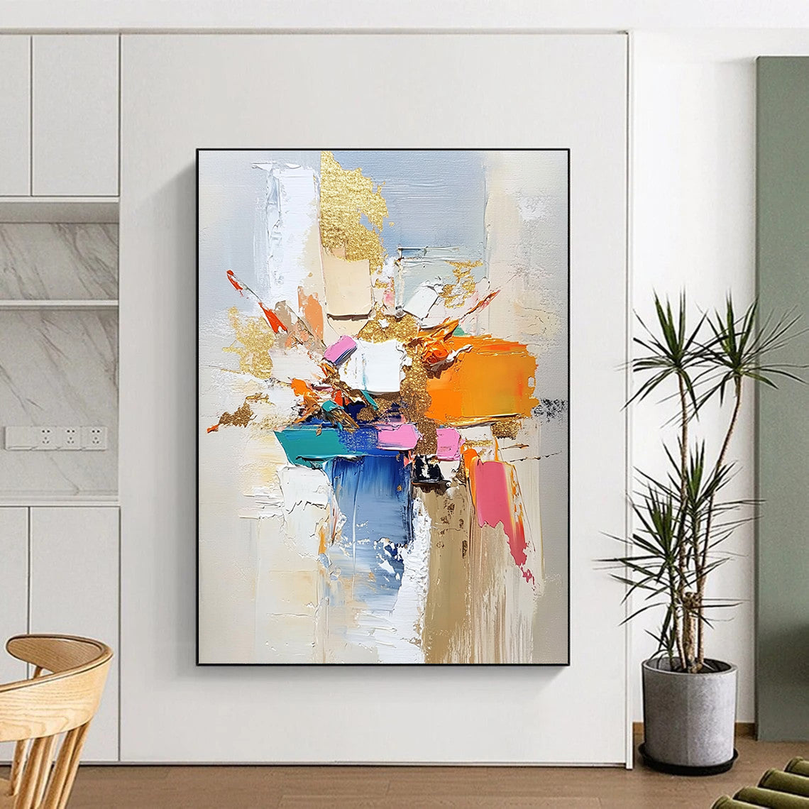 Colorful Block and Gold Abstract Painting with Bold Textures GER469