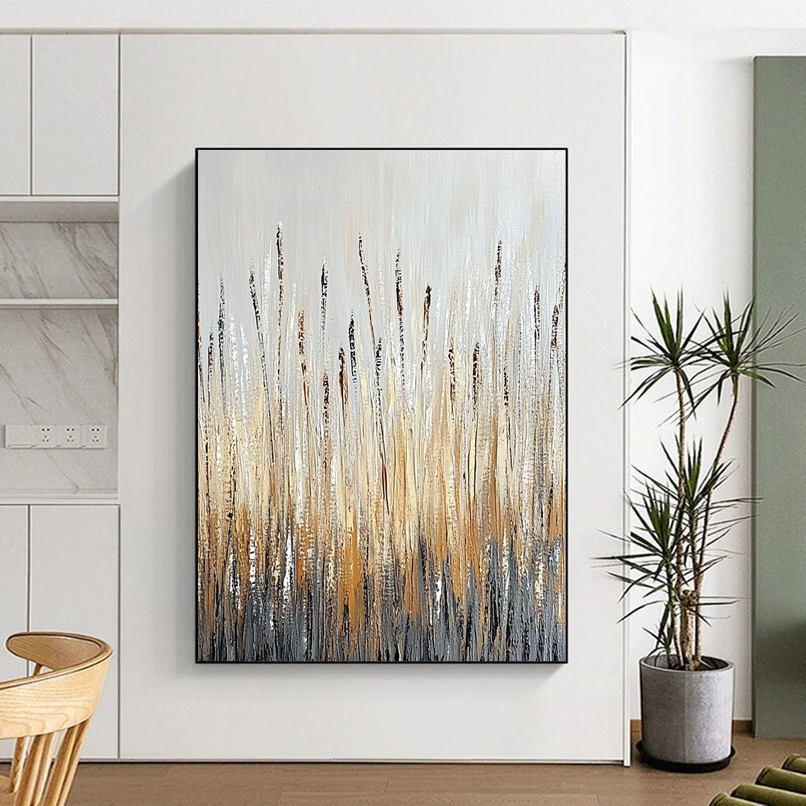 Large abstract painting of tall grass in earthy tones with textured brushstrokes and water droplets against a neutral gray background evoking nature's tranquility.STSC337