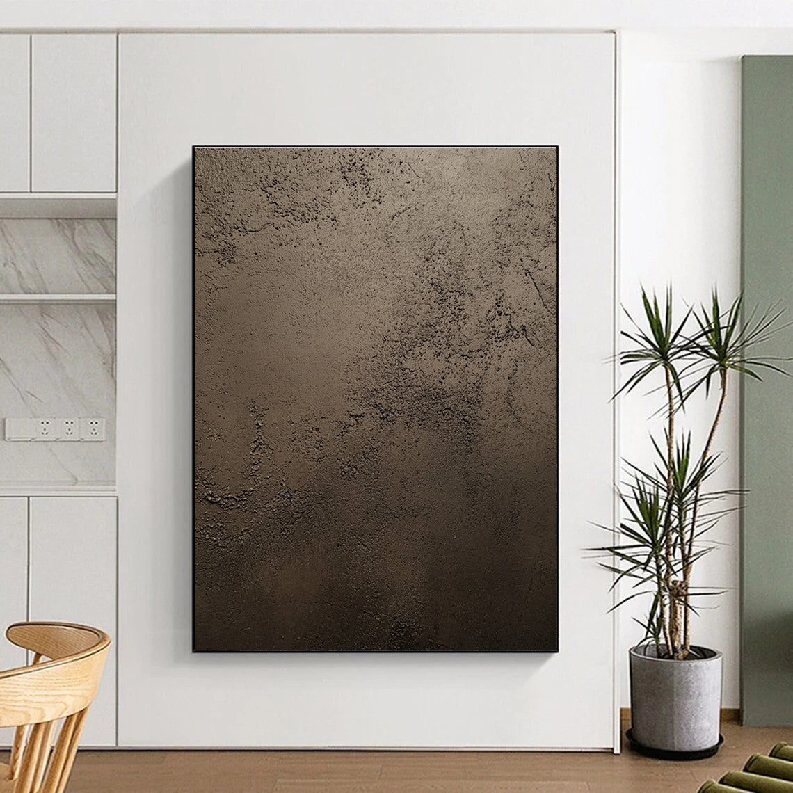 An abstract painting showcasing dark brown stucco texture with intricate details and natural features highlighted by soft lighting in a neutral palette.STSC889