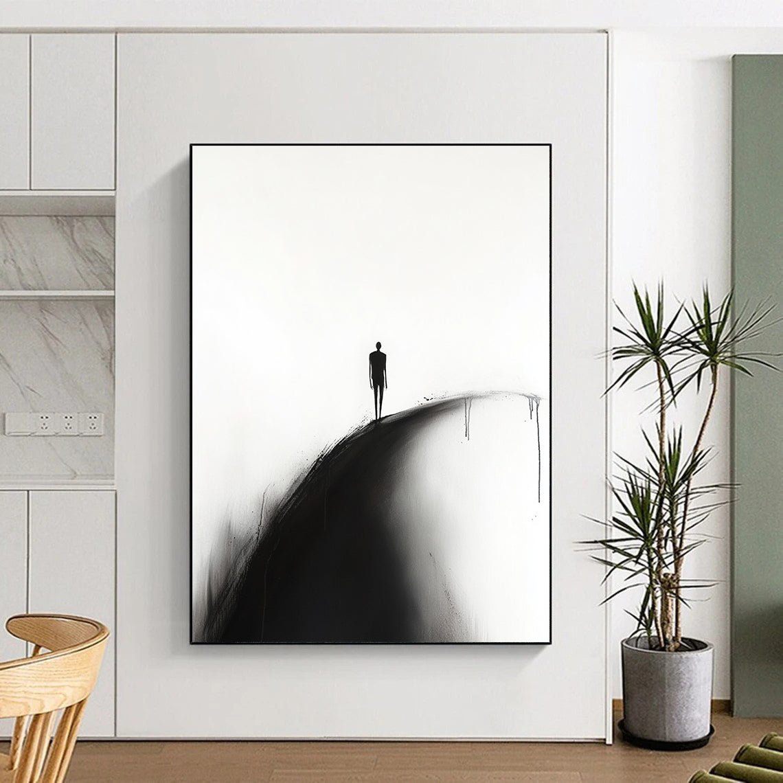 A large abstract painting featuring a silhouette of a man walking along a curved road on a white background in a minimalist style.STSC1331