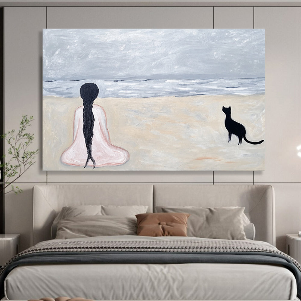 Gray Sea Scene - Girl and Cat Abstract Painting DYP060
