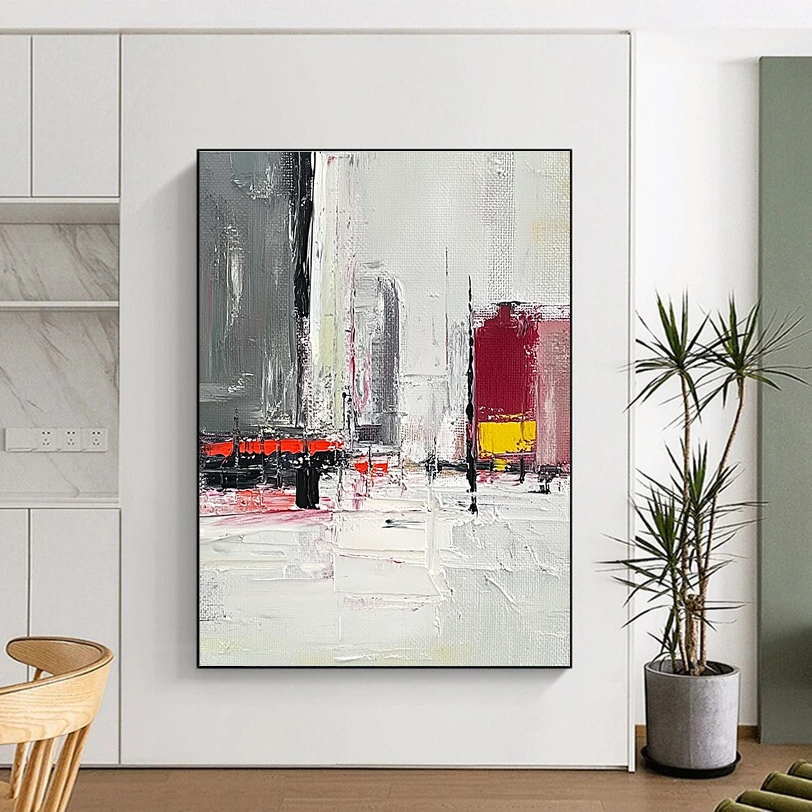 Large abstract painting featuring a grey and white urban landscape with red and yellow accents and thick brush strokes on a textured canvas.STSC154