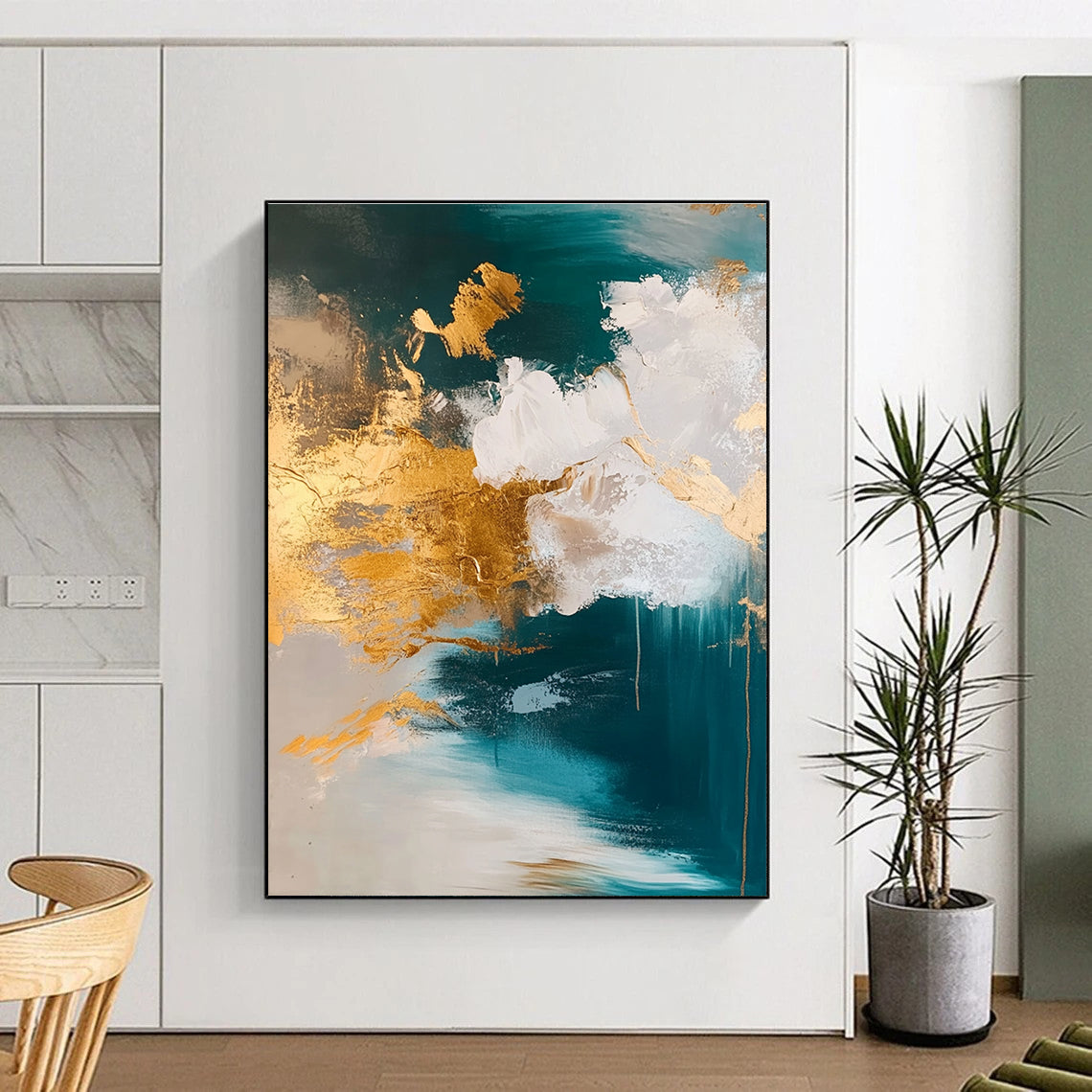 Teal and Gold Abstract Painting with Cloud - like Textures GER630