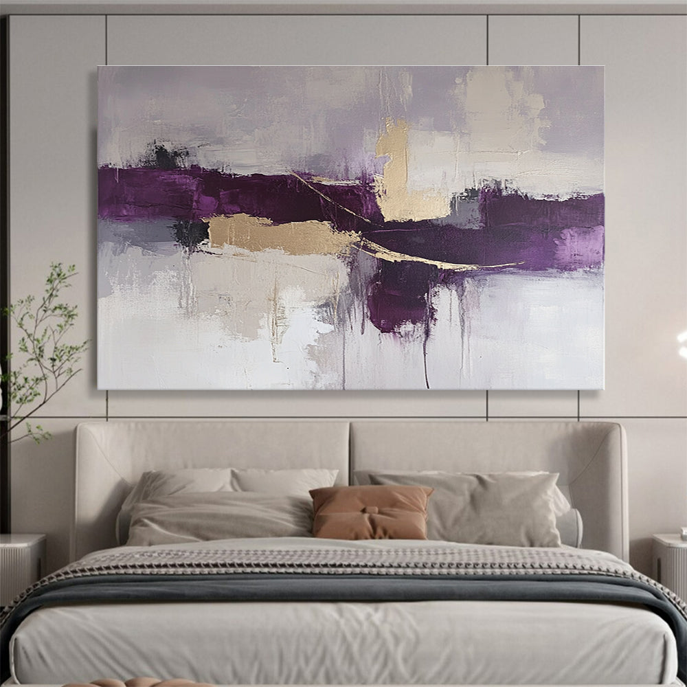 Large abstract painting in purple and gray tones with beige accents featuring thick loose brush strokes for a dynamic artistic expression.SC088