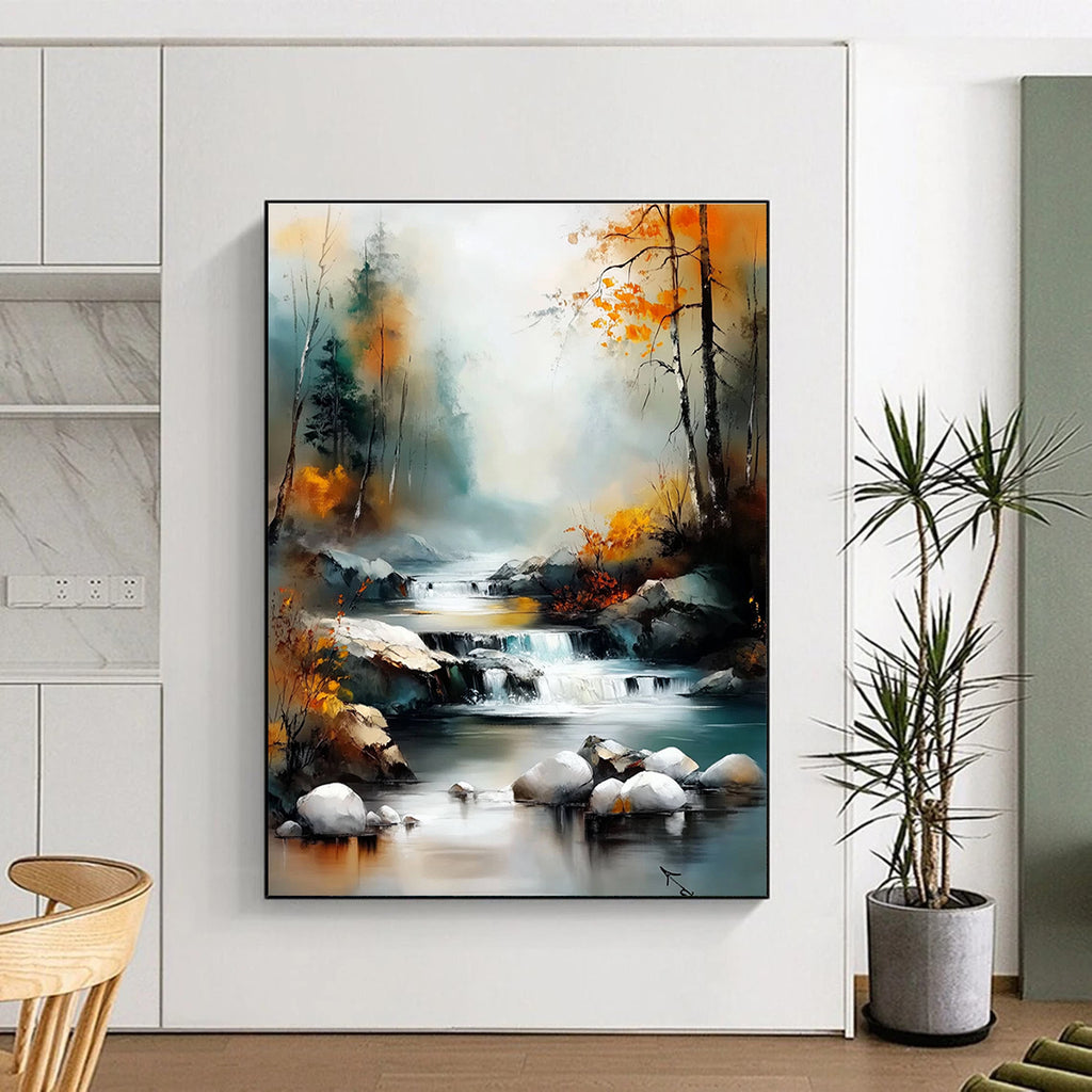 Large abstract painting capturing a river through a valley with autumn trees and vibrant colors in a soft misty style reminiscent of Claude Monet.STSC1165