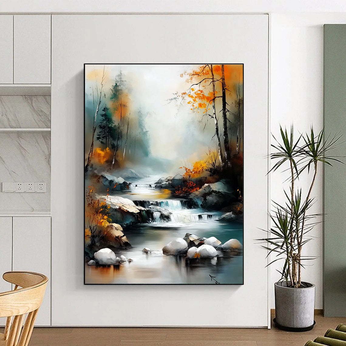 Large abstract painting capturing a river through a valley with autumn trees and vibrant colors in a soft misty style reminiscent of Claude Monet.STSC1165