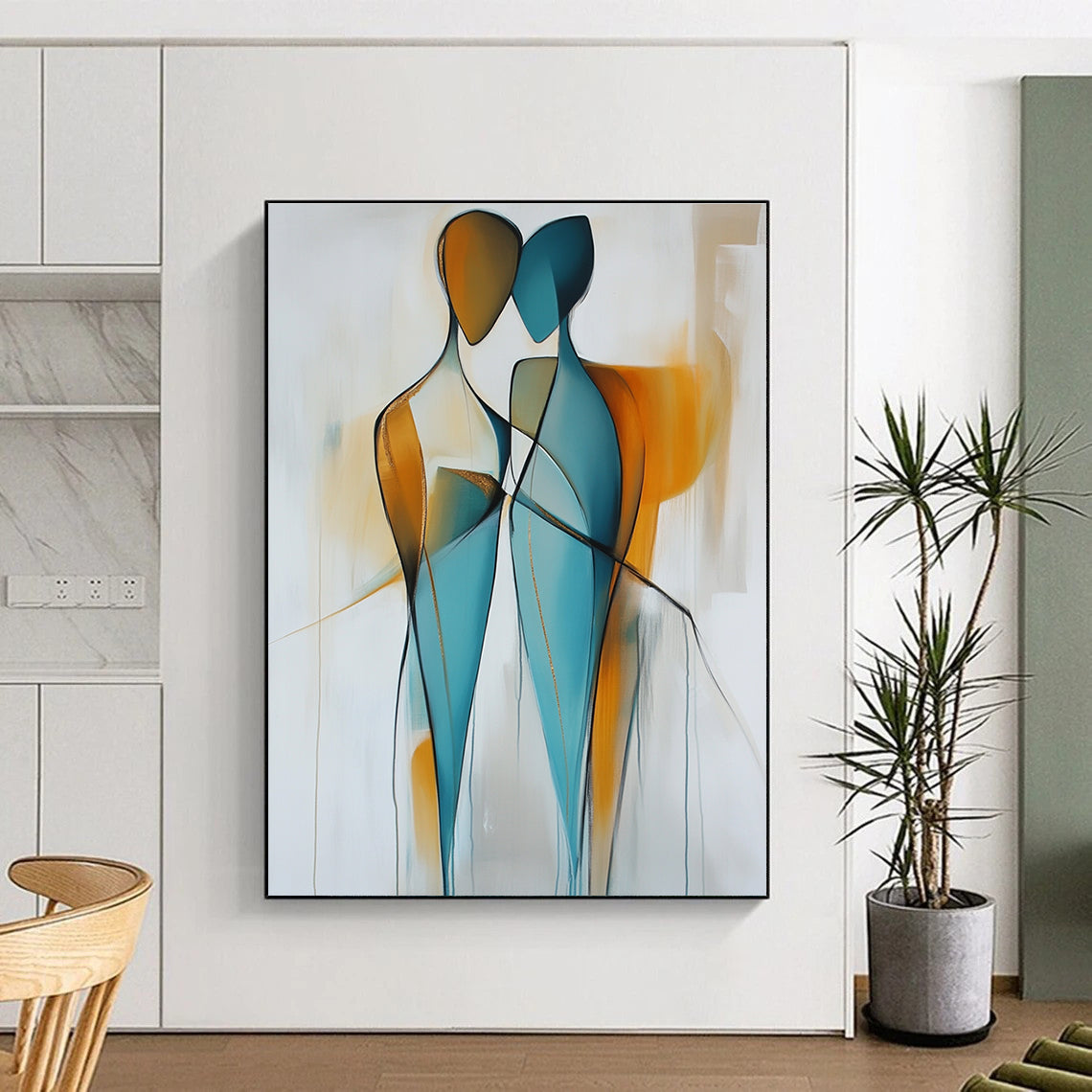 Large abstract painting featuring two figures in light blue and amber hues with smooth lines and golden details on a light gray background.STSC714