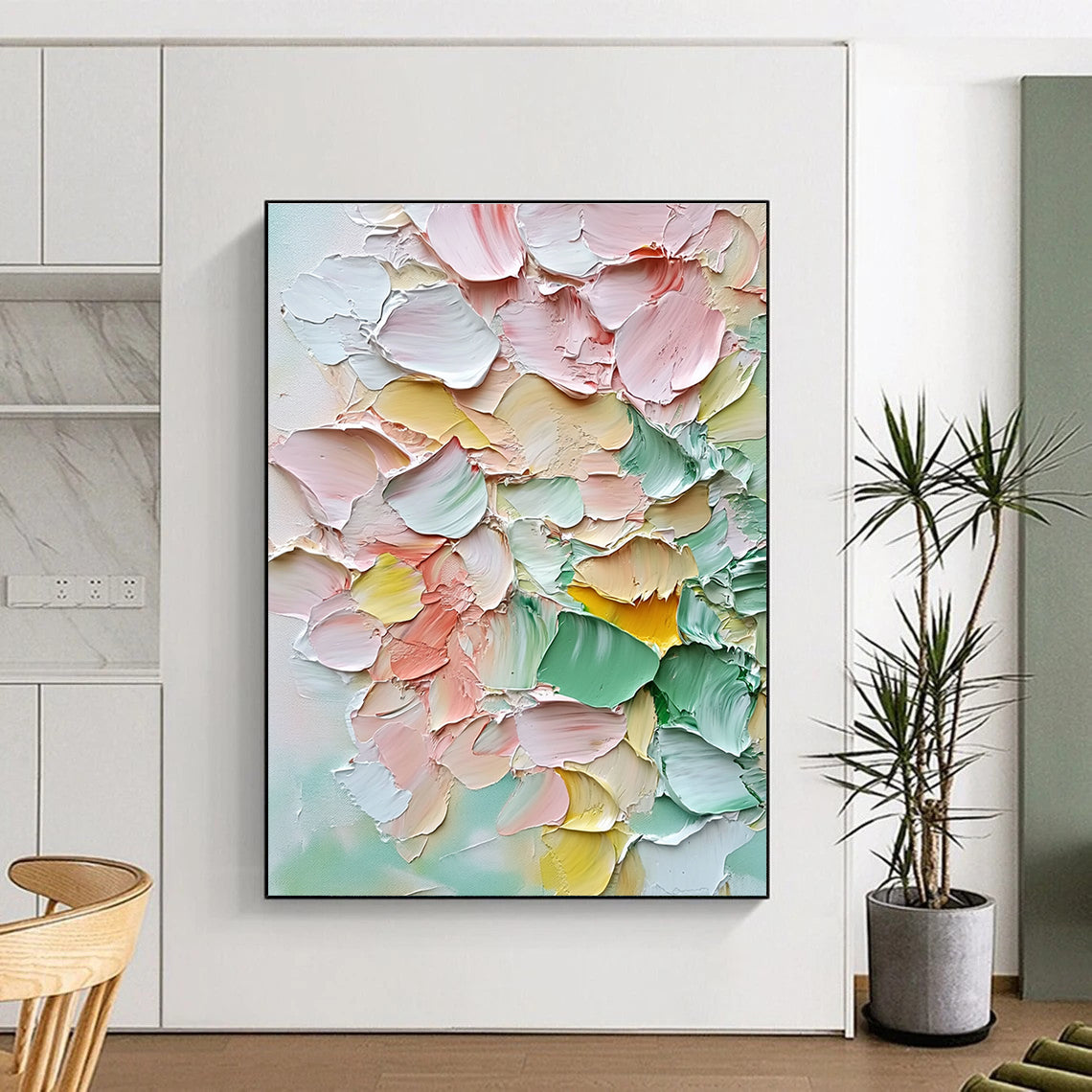 Abstract painting featuring a bouquet of pastel flowers in soft pink and green hues with vibrant accents for a warm romantic atmosphere.STSC1398