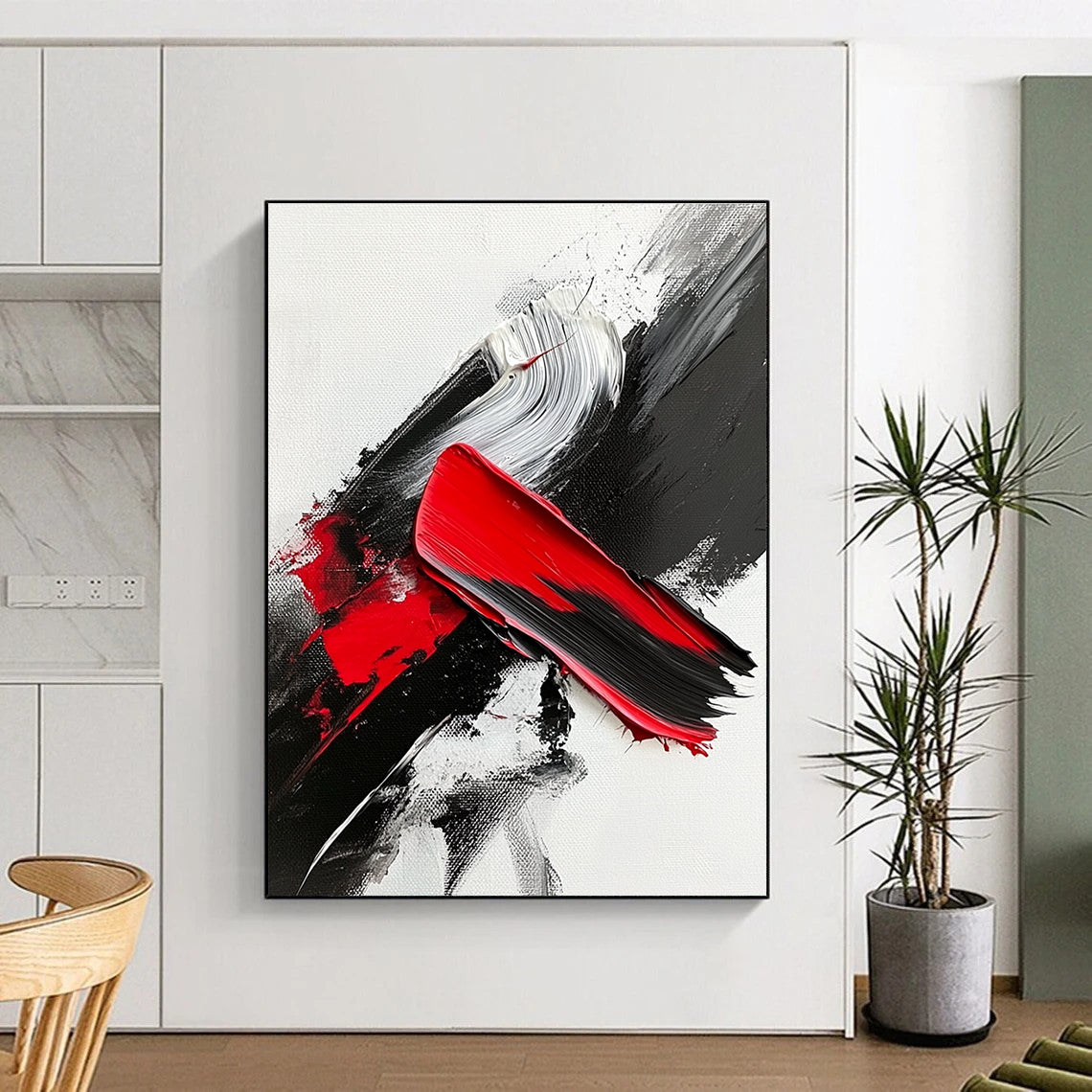 Red Black White Abstract with Bold Textured Strokes GER369
