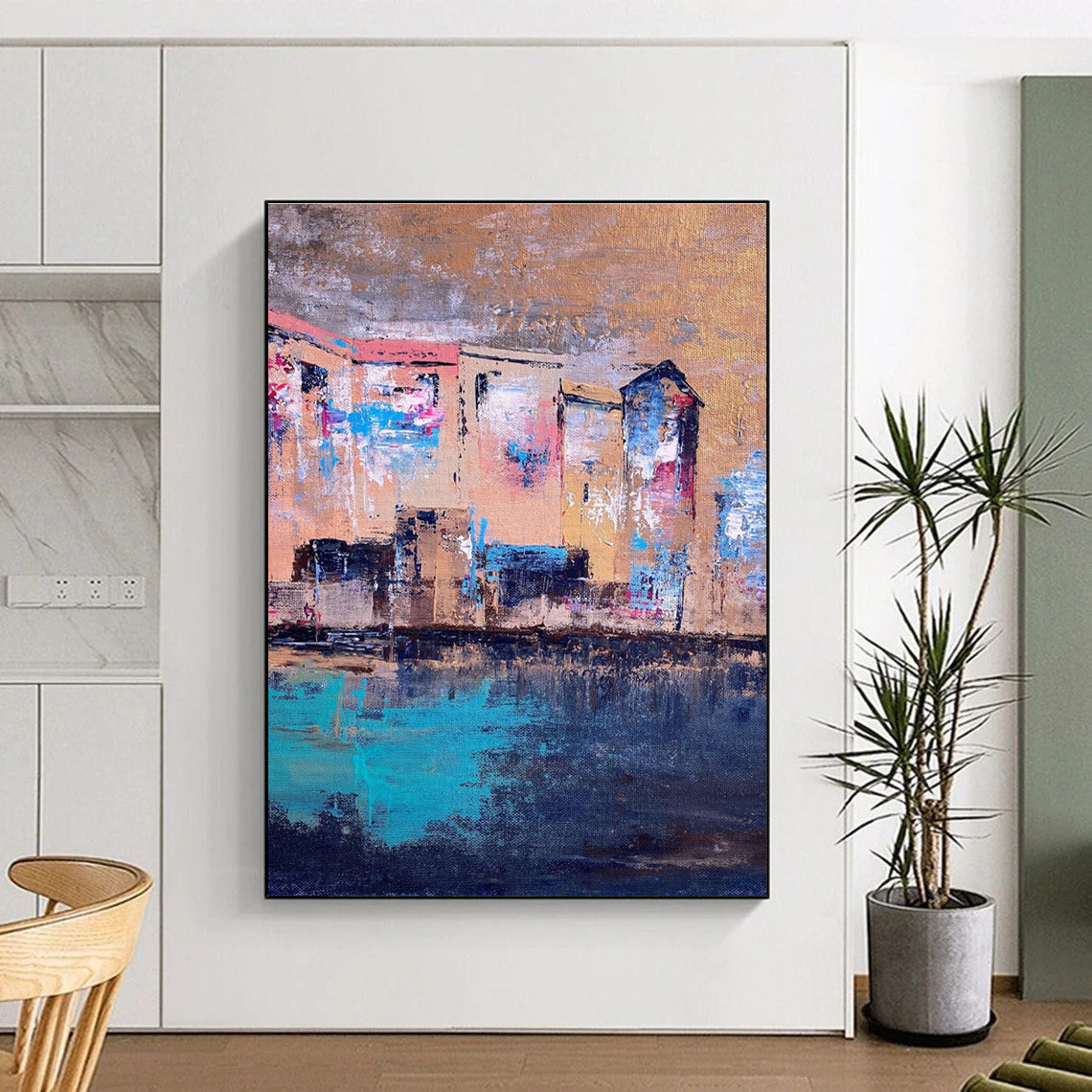 Riverside Houses Abstract Painting with Warm and Cool Tones ADGE460