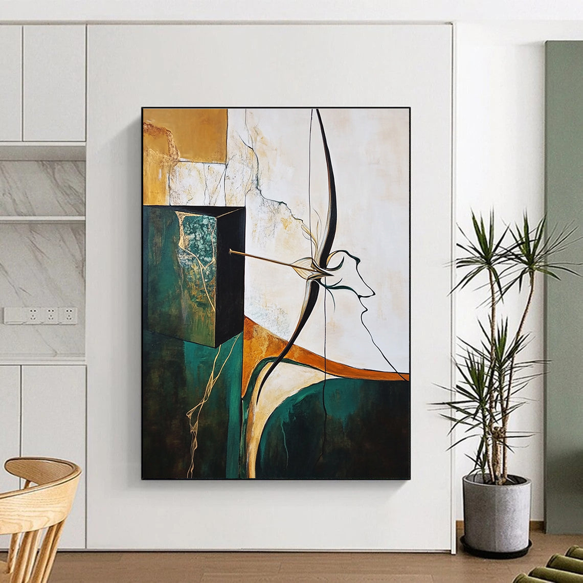A large abstract painting featuring an archer's bow and arrow with surreal elements in earthy tones and soft pastels, emphasizing depth and texture.STSC637