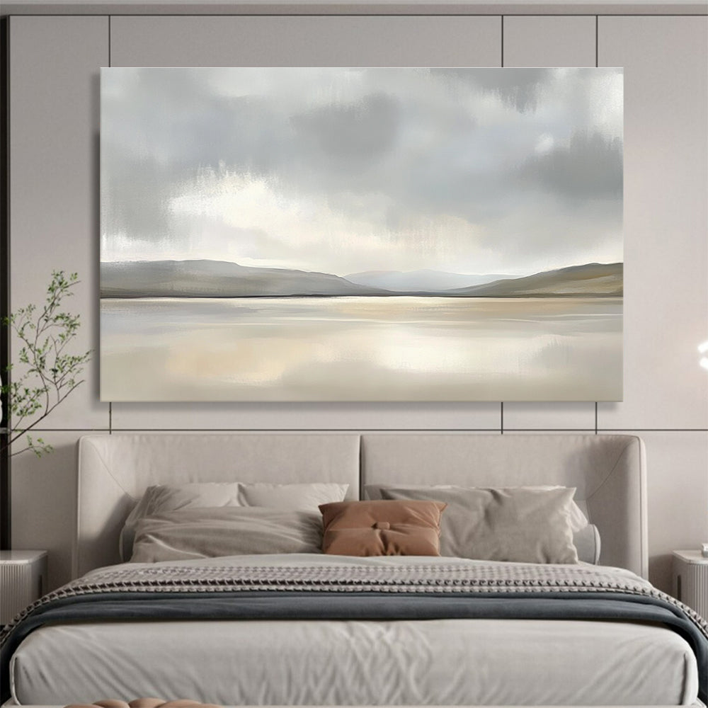 Minimalist Lake Scene Abstract Painting with Grays and Beiges DYP233