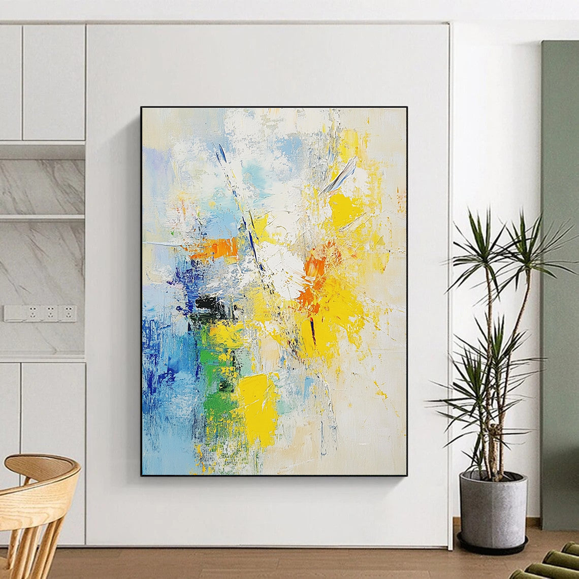 Blue and Yellow Abstract Painting with Energetic Splashes GER486