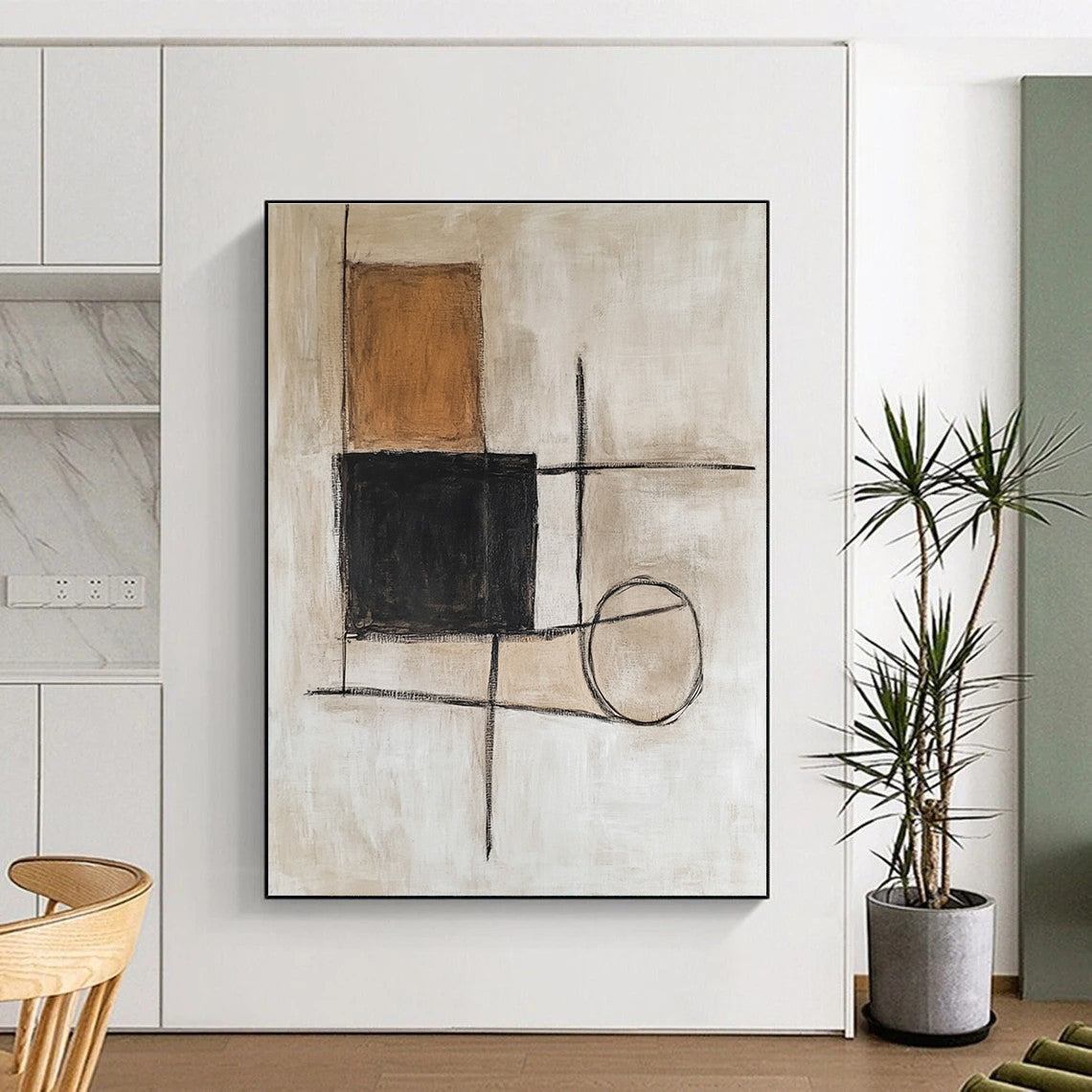 Brown Black and Beige Abstract Painting with Mixed Geometric Shapes GER183
