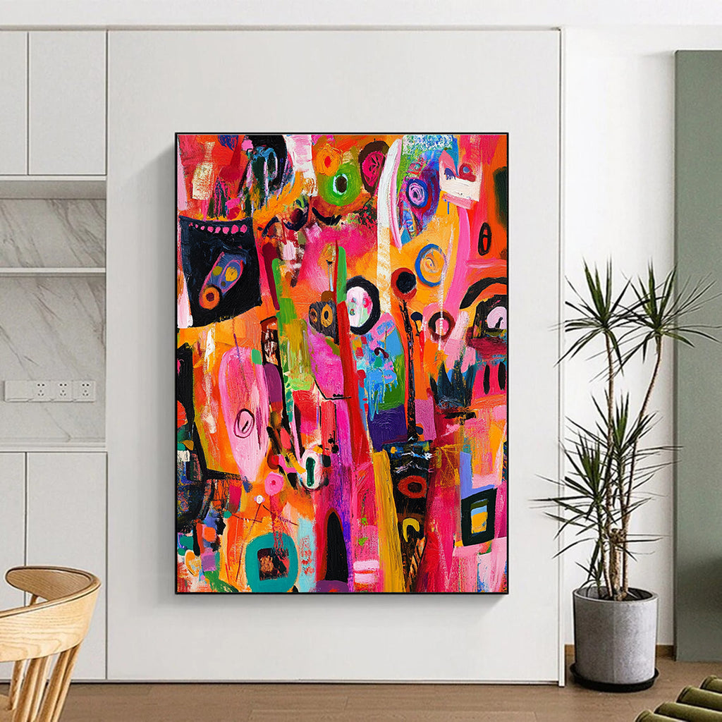 A vibrant abstract painting showcasing urban chaos with lively characters and dynamic patterns in bright colors highlighting intricate details and expressive faces.STSC1218