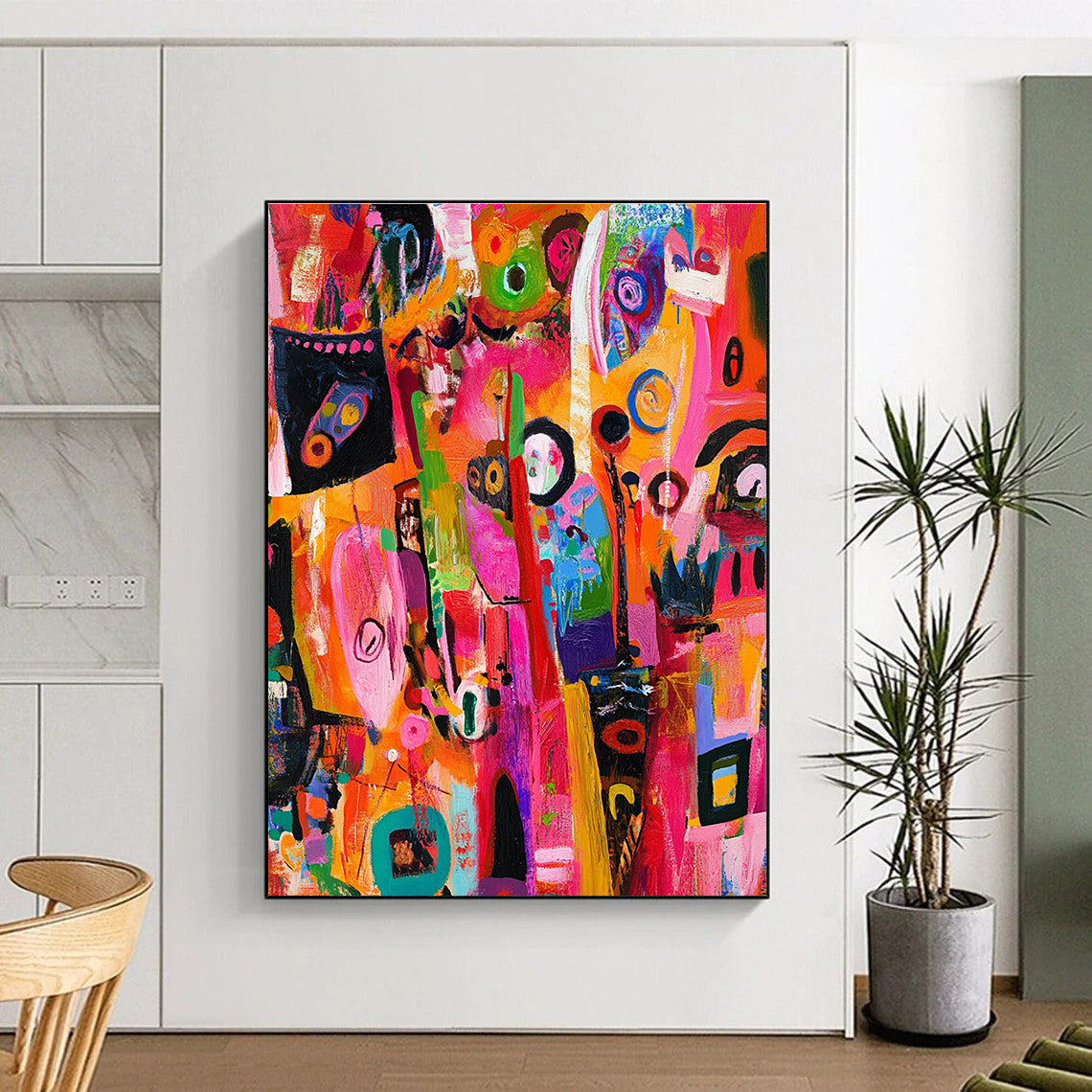 A vibrant abstract painting showcasing urban chaos with lively characters and dynamic patterns in bright colors highlighting intricate details and expressive faces.STSC1218