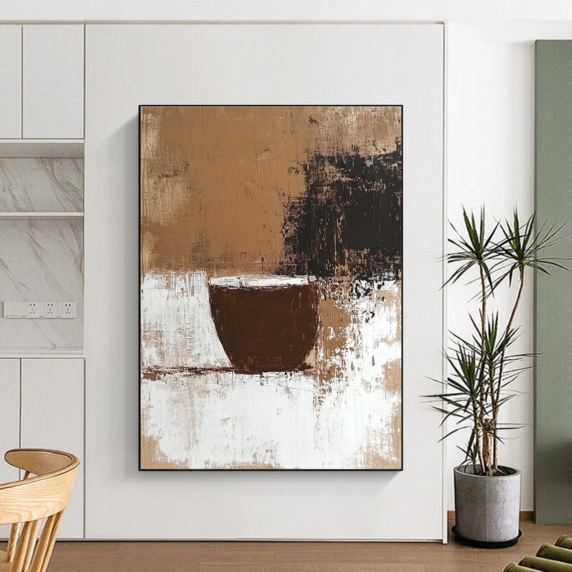Large abstract painting featuring coffee stains and neutral tones with a textured surface and a beige background inspired by Chicano art.STSC928