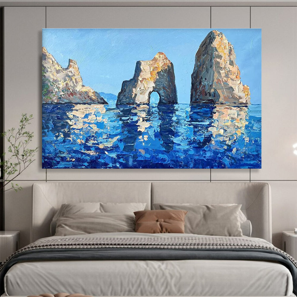 Blue Beige Sea Stack Rocks Abstract Painting THY478