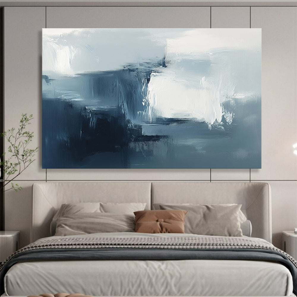 Large abstract painting with soft brushstrokes and a dreamy atmosphere featuring cool tones and minimalistic design elements to create a sense of mystery.SC232