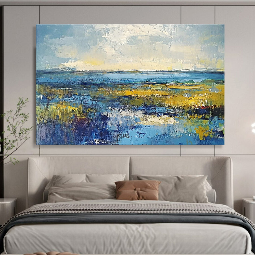 Vibrant Marshland Abstract Painting with Blues and Yellows DYP232