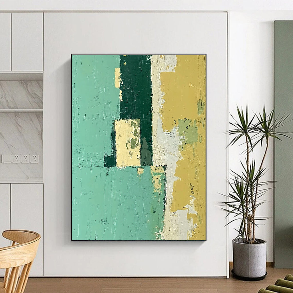 Green and Yellow Abstract Painting with Weathered Surfaces GER108