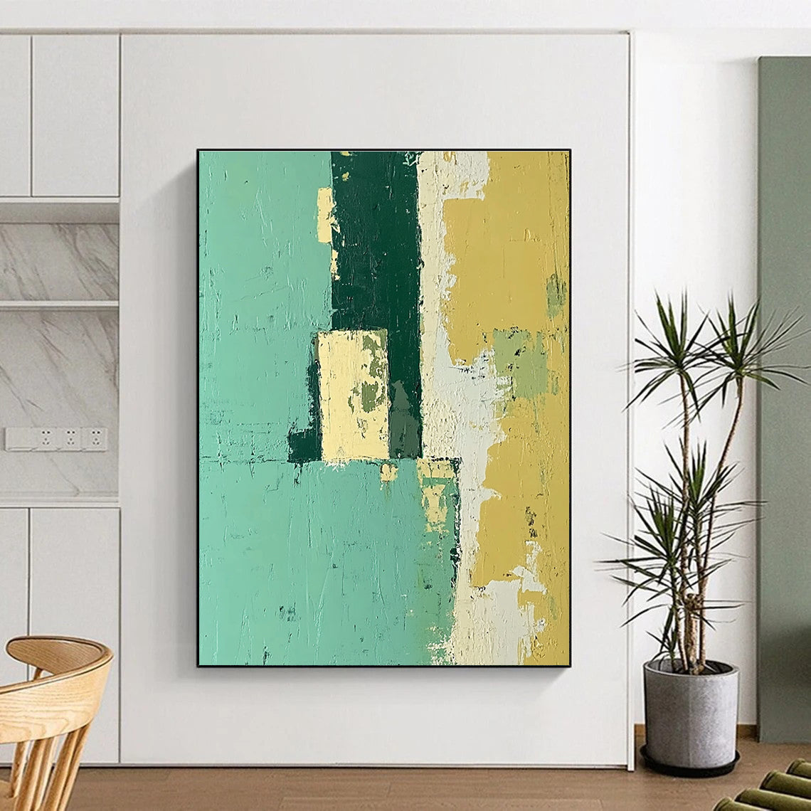 Green and Yellow Abstract Painting with Weathered Surfaces GER108