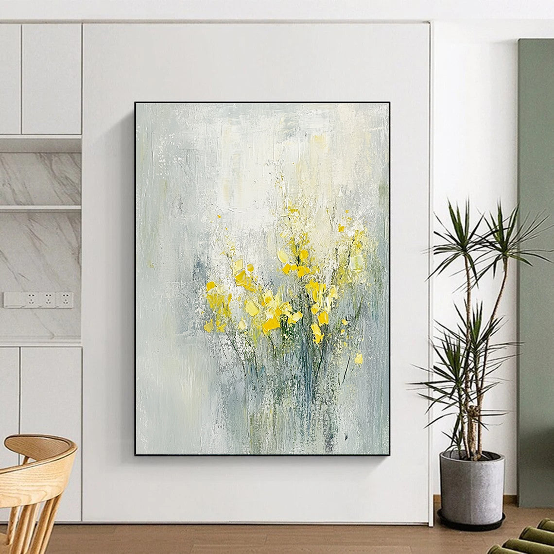 Abstract oil painting of flowers in light gray and yellow hues capturing a serene spring theme inspired by Zao Wou-Ki.STSC185