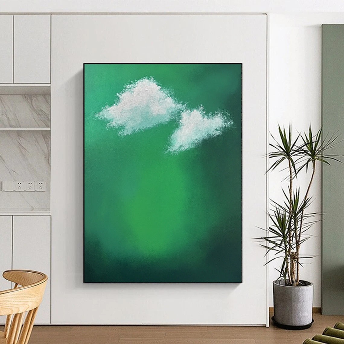 Large abstract painting featuring a green background with white clouds and sunlight effects evokes tranquility and calmness through minimalist brushstrokes.STSC1008