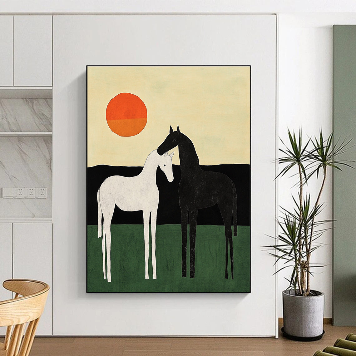 An abstract painting featuring two minimalist horses in black and white against a green field and colorful sky with an orange sun.STSC1329