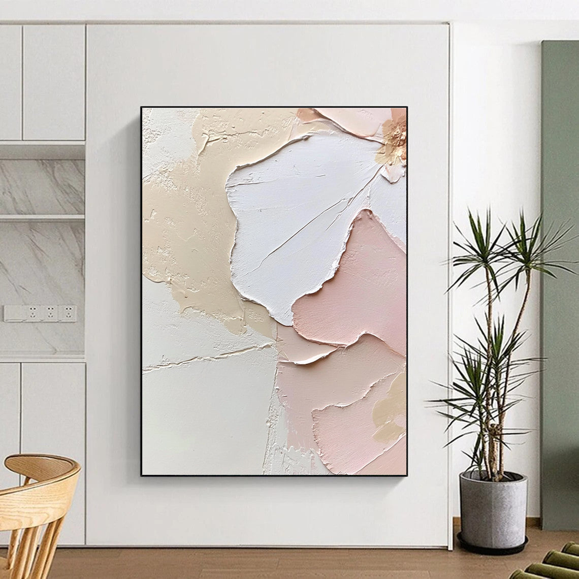 Beige Pink and White Abstract Painting with Textured Petals GER427