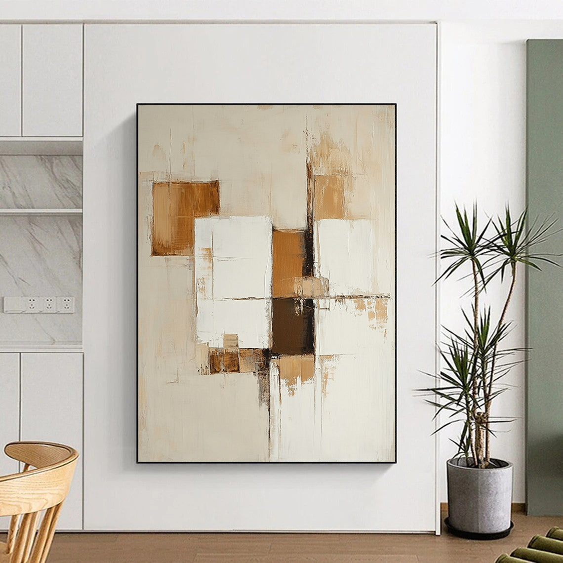 Large abstract painting featuring beige and white squares with brown accents for a modern artistic touch.STSC763