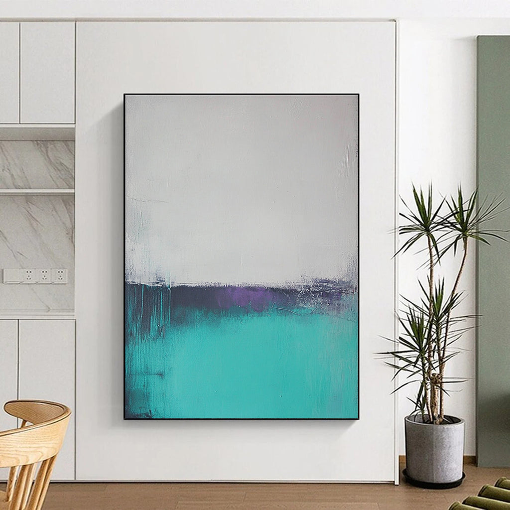 Large abstract oil painting of a misty teal and gray ocean with muted colors and low contrast, creating a serene atmosphere.STSC590