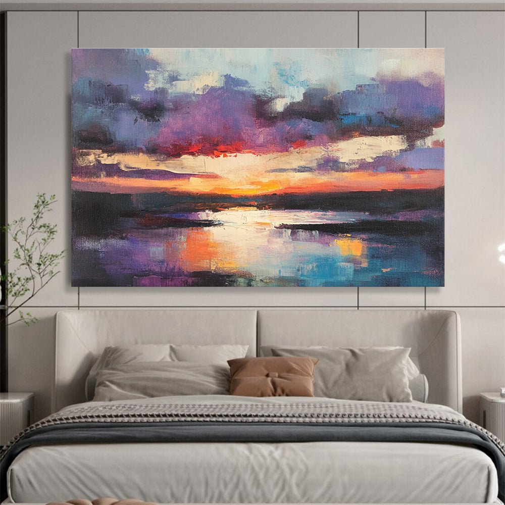 Purple and Orange Sunset Lake Abstract Seascape Painting DYP293