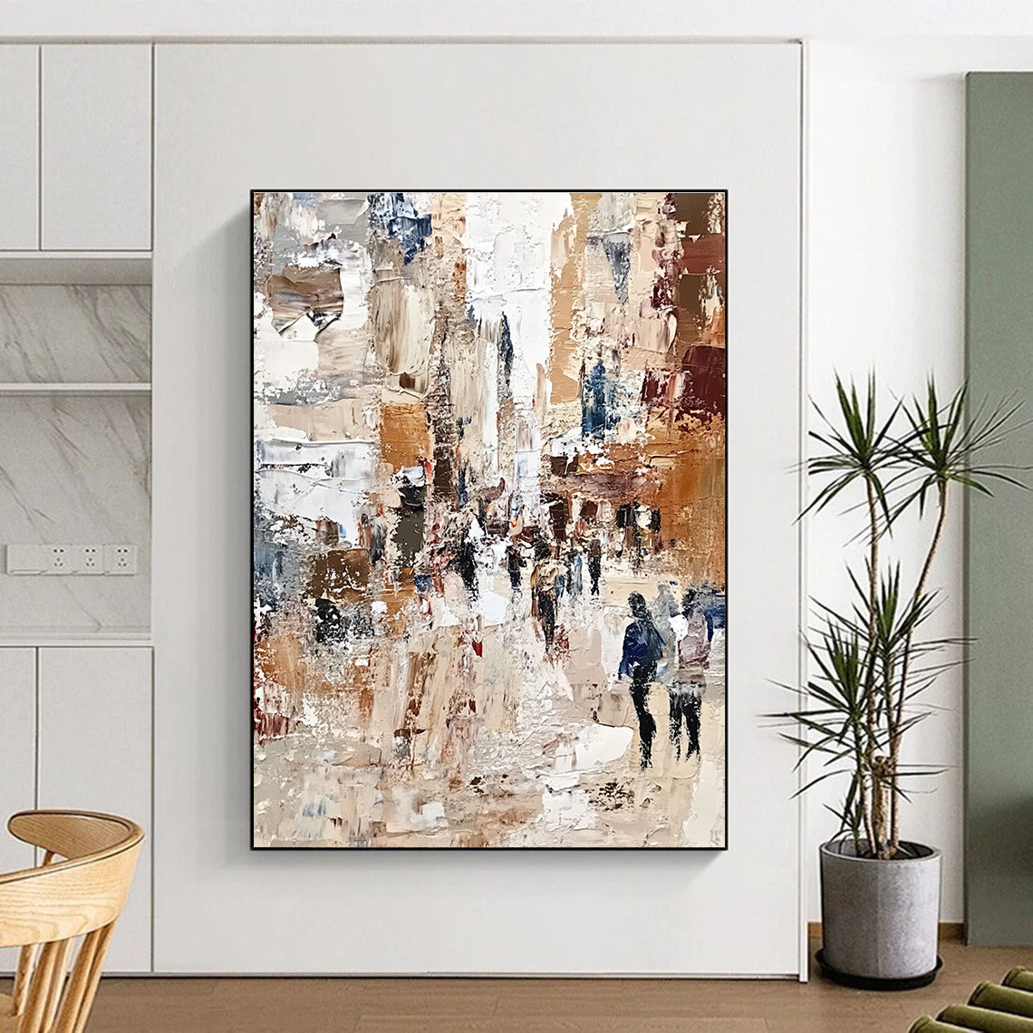 Large abstract painting of a bustling cityscape with textured impasto strokes in muted earthy tones and patchworks of warm colors, evoking impressionistic depth.STSC597