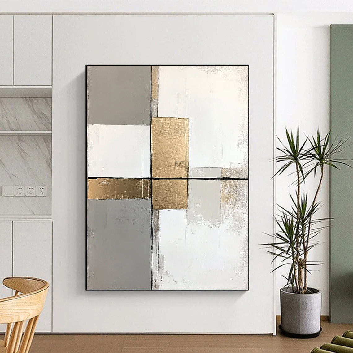 Gray Gold and White Abstract Painting with Minimalist Geometry GER649
