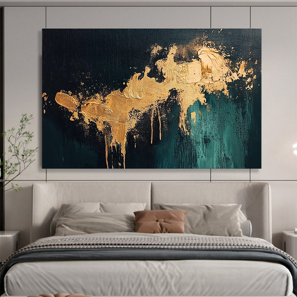 Large abstract painting with gold splashes on dark green background showcasing intricate details and a moody atmospheric feel.SC259